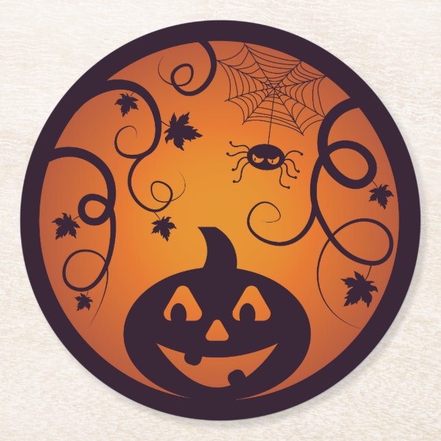 Halloween Jack o lantern pumpkin face and spider Round Paper Coaster (Front)