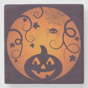 Halloween Jack o lantern pumpkin face and spider Stone Coaster