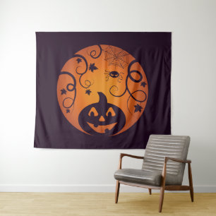 Halloween Jack o lantern pumpkin face and spider Tapestry