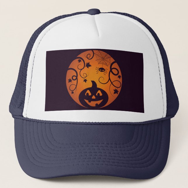 Halloween Jack o lantern pumpkin face and spider Trucker Hat (Front)