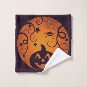 Halloween Jack o lantern pumpkin face and spider Wash Cloth