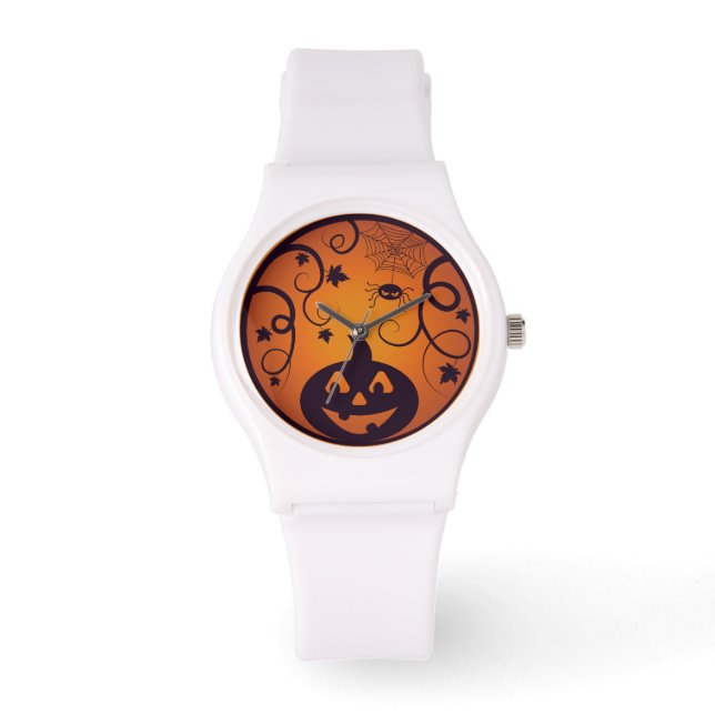 Halloween Jack o lantern pumpkin face and spider Watch (Front)
