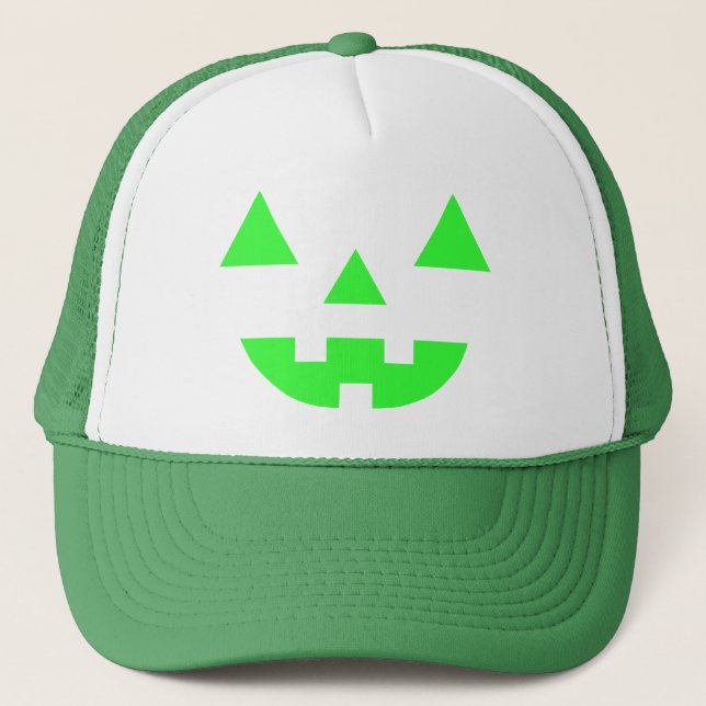 Halloween Jack O Lantern Pumpkin Face Green Trucker Hat (Front)