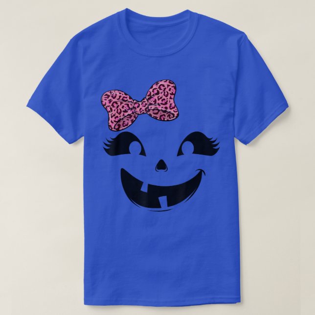 Halloween Jack O Lantern Pumpkin Face Leopard Bow  T-Shirt (Design Front)