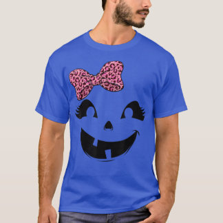Halloween Jack O Lantern Pumpkin Face Leopard Bow  T-Shirt