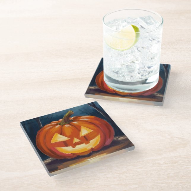 Halloween Jack-O-Lantern Pumpkin Glass Coaster (Angled)