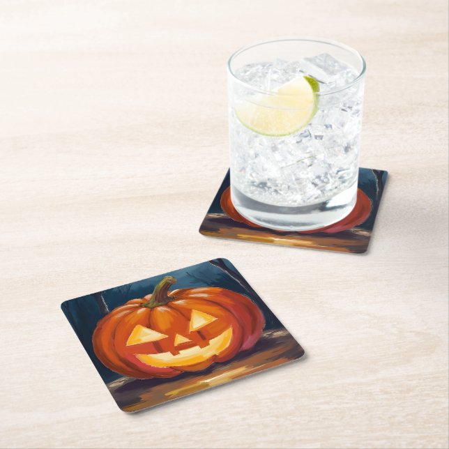 Halloween Jack-O-Lantern Pumpkin Square Paper Coaster (Insitu)