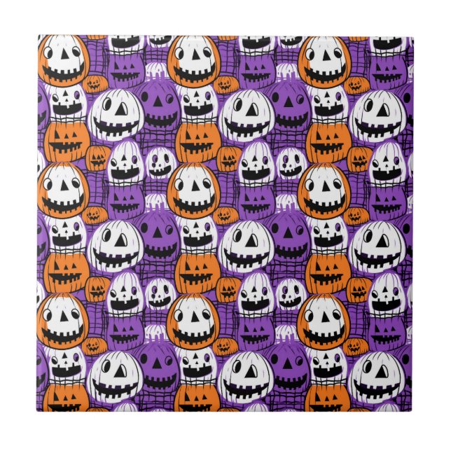 Halloween Jack-O’-Lantern - Purple, Orange, White Ceramic Tile (Front)