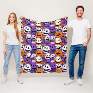 Halloween Jack-O’-Lantern - Purple, Orange, White Fleece Blanket