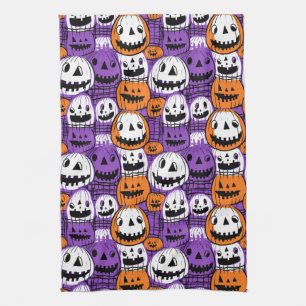 Halloween Jack-O’-Lantern - Purple, Orange, White Tea Towel
