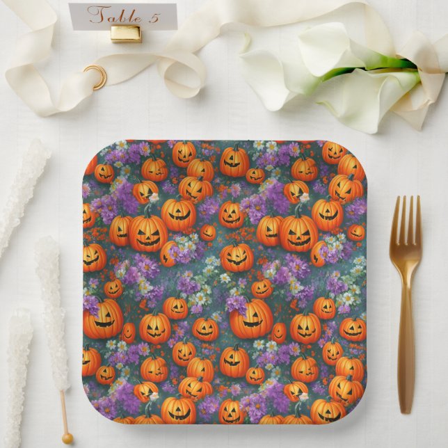Halloween Jack-o'-lanterns And Purple Flowers Paper Plate (Wedding)