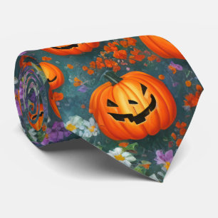Halloween Jack-o'-lanterns And Purple Flowers Tie