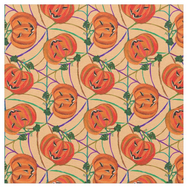 Halloween Jack o'lantern Cobwebs Pattern Pumpkins Fabric (Close Up)