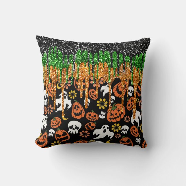 Halloween Jack Olantern Pumpkins, Flying Ghosts Cushion (Front)