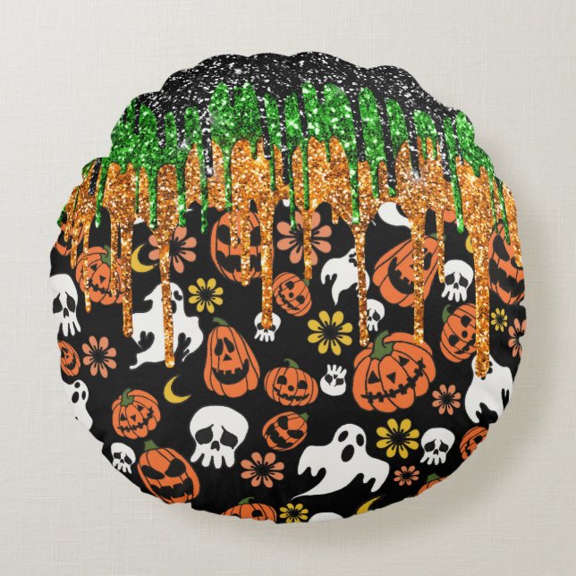Halloween Jack Olantern Pumpkins, Flying Ghosts Round Cushion (Front)