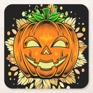 Halloween Jackolantern Spooky Pumpkin Square Paper Coaster