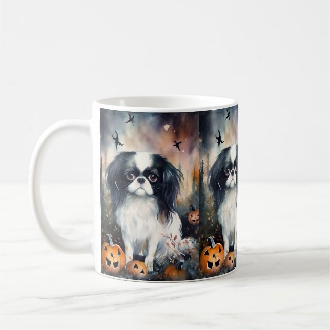 Halloween Japanese Chin With Pumpkins Scary Coffee Mug (Left)
