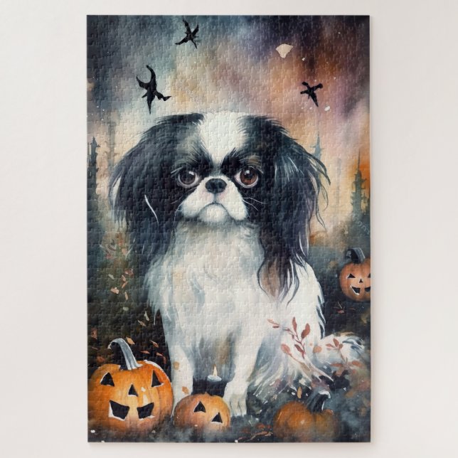 Halloween Japanese Chin With Pumpkins Scary Jigsaw Puzzle (Vertical)