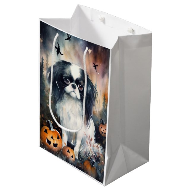 Halloween Japanese Chin With Pumpkins Scary Medium Gift Bag (Front Angled)