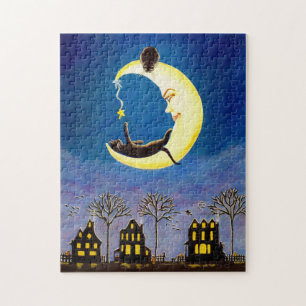 Halloween jigsaw puzzle,crescent moon with cats puzzle