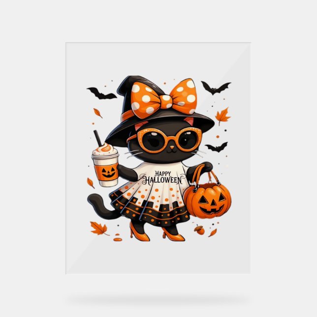 Halloween Kawaii Cat – Witch Cat with Pumpkin and  Acrylic Sign (Front)