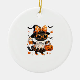 Halloween Kawaii Cat � Witch Cat with Pumpkin and Ceramic Ornament