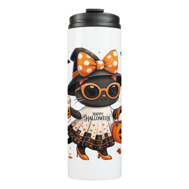 Halloween Kawaii Cat – Witch Cat with Pumpkin and  Thermal Tumbler (Front)