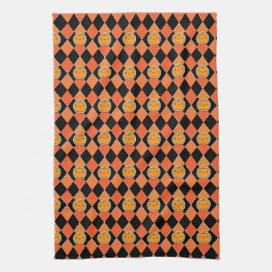 Halloween Kawaii Jack-o-lantern Argyle Tea Towel