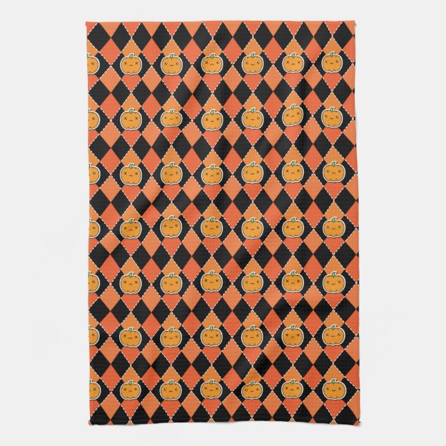 Halloween Kawaii Jack-o-lantern Argyle Tea Towel (Vertical)