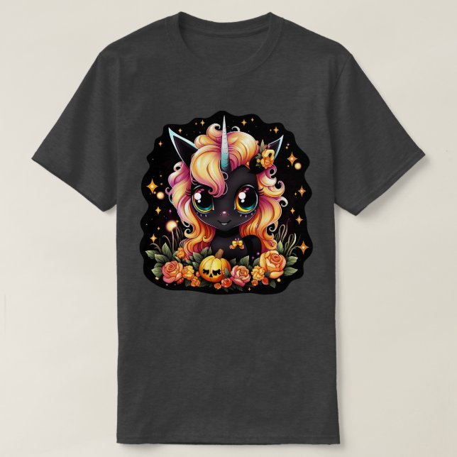 Halloween kawaii Unicorn and pumpkin T-Shirt (Design Front)