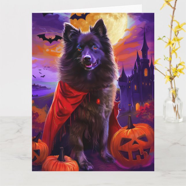 Halloween Keeshond Vampire Pumpkins Scary Card (Yellow Flower)