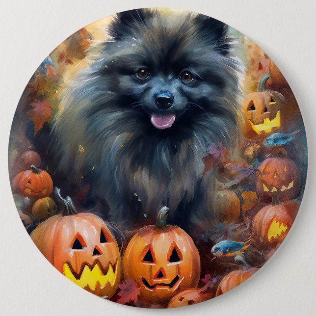 Halloween Keeshond With Pumpkins Scary 6 Cm Round Badge (Front)