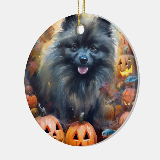 Halloween Keeshond With Pumpkins Scary Ceramic Ornament (Left)