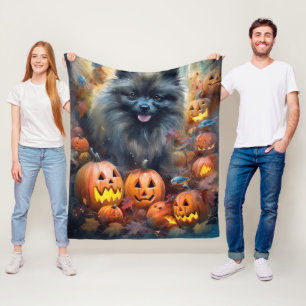 Halloween Keeshond With Pumpkins Scary Fleece Blanket