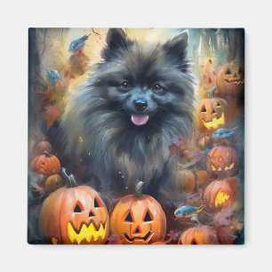 Halloween Keeshond With Pumpkins Scary Magnet