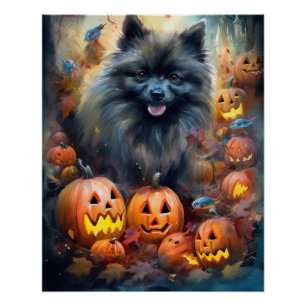 Halloween Keeshond With Pumpkins Scary Poster