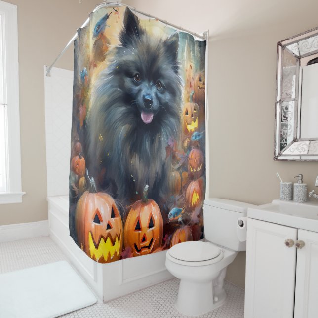 Halloween Keeshond With Pumpkins Scary Shower Curtain (In Situ)