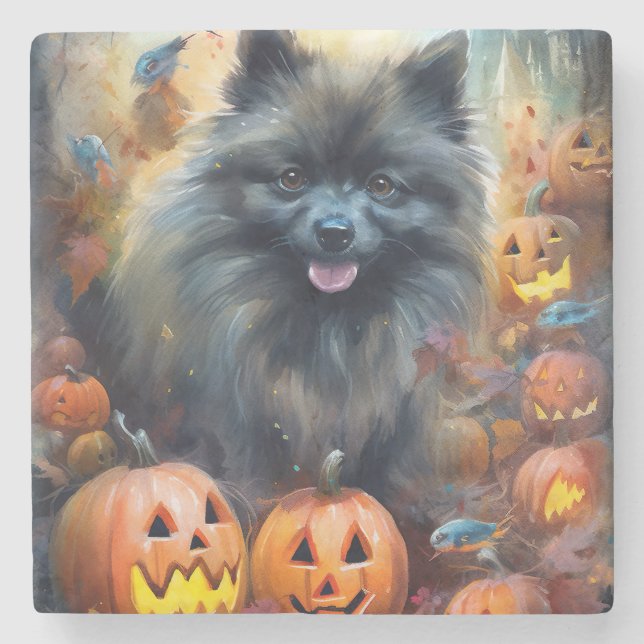 Halloween Keeshond With Pumpkins Scary Stone Coaster (Front)