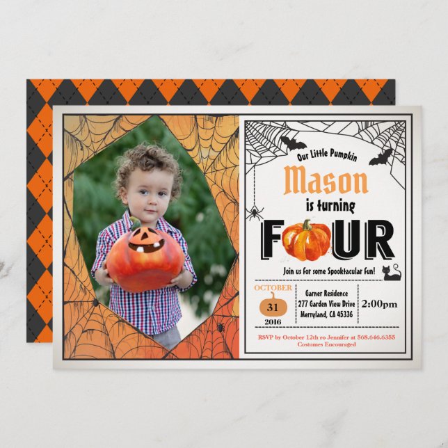 Halloween kid 4th birthday party photo invitation (Front/Back)