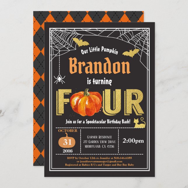Halloween kids 4th birthday invitation. Black gold Invitation (Front/Back)