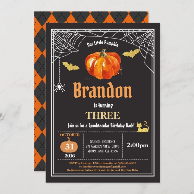 Halloween kids birthday invitation. Black and gold Invitation (Front/Back)