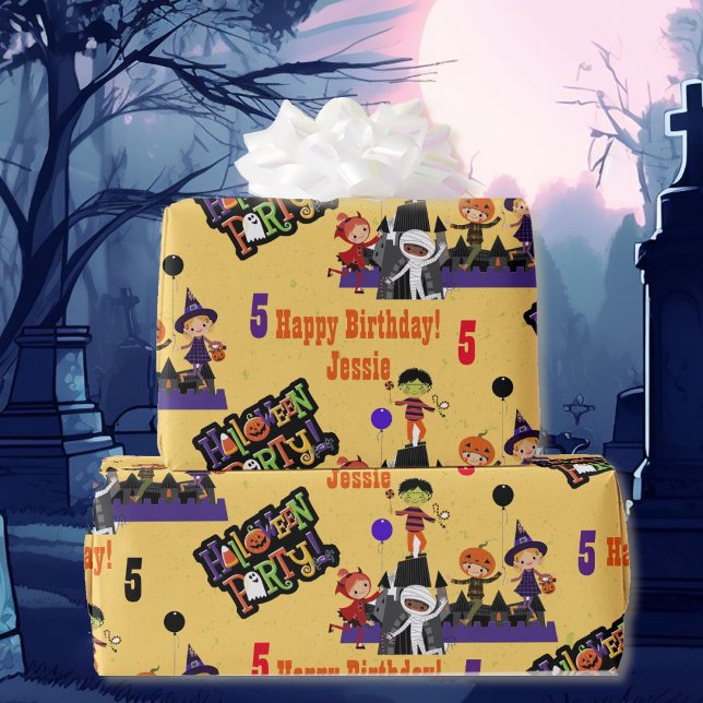 Halloween Kids Name Child's Birthday Personalise Wrapping Paper (30 inches wide available in 5 lengths)