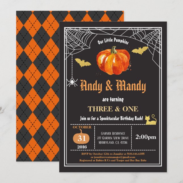 Halloween kids siblings birthday party black gold invitation (Front/Back)