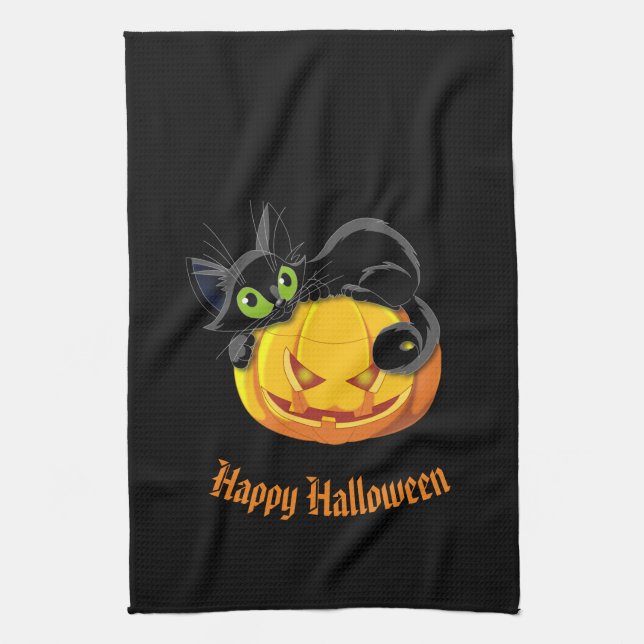 Halloween Kitchen Towel-Black Cat Tea Towel (Vertical)