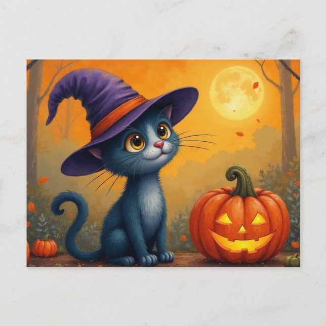 Halloween Kitten and Jack O'Lantern  Holiday Postcard (Front)