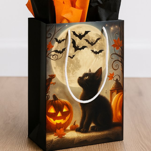 Halloween Kitten Full Moon and Bats  Medium Gift Bag (AI created by Sgolis )