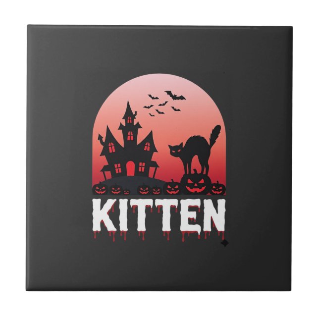 Halloween Kitten Haunted House Cat Design_1 Ceramic Tile (Front)