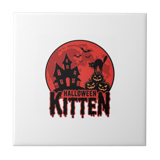Halloween Kitten Haunted House Cat Graphic_1 Ceramic Tile (Front)