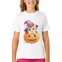 Halloween Kitten in Jack O Lantern Pumpkin Girls 