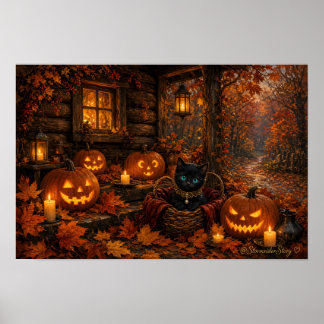 Halloween Kitten in Pumpkin Basket Wall Art Print